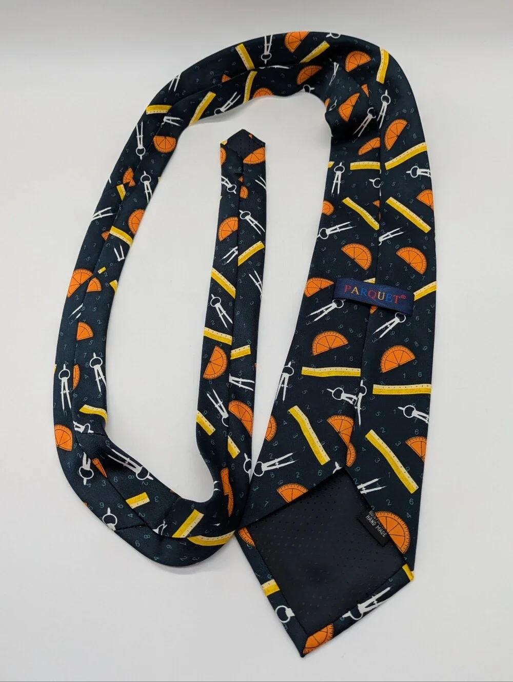Vintage Parquet Yellow Orange Mathematics Ruler Protractor Compass Mens Neck Tie